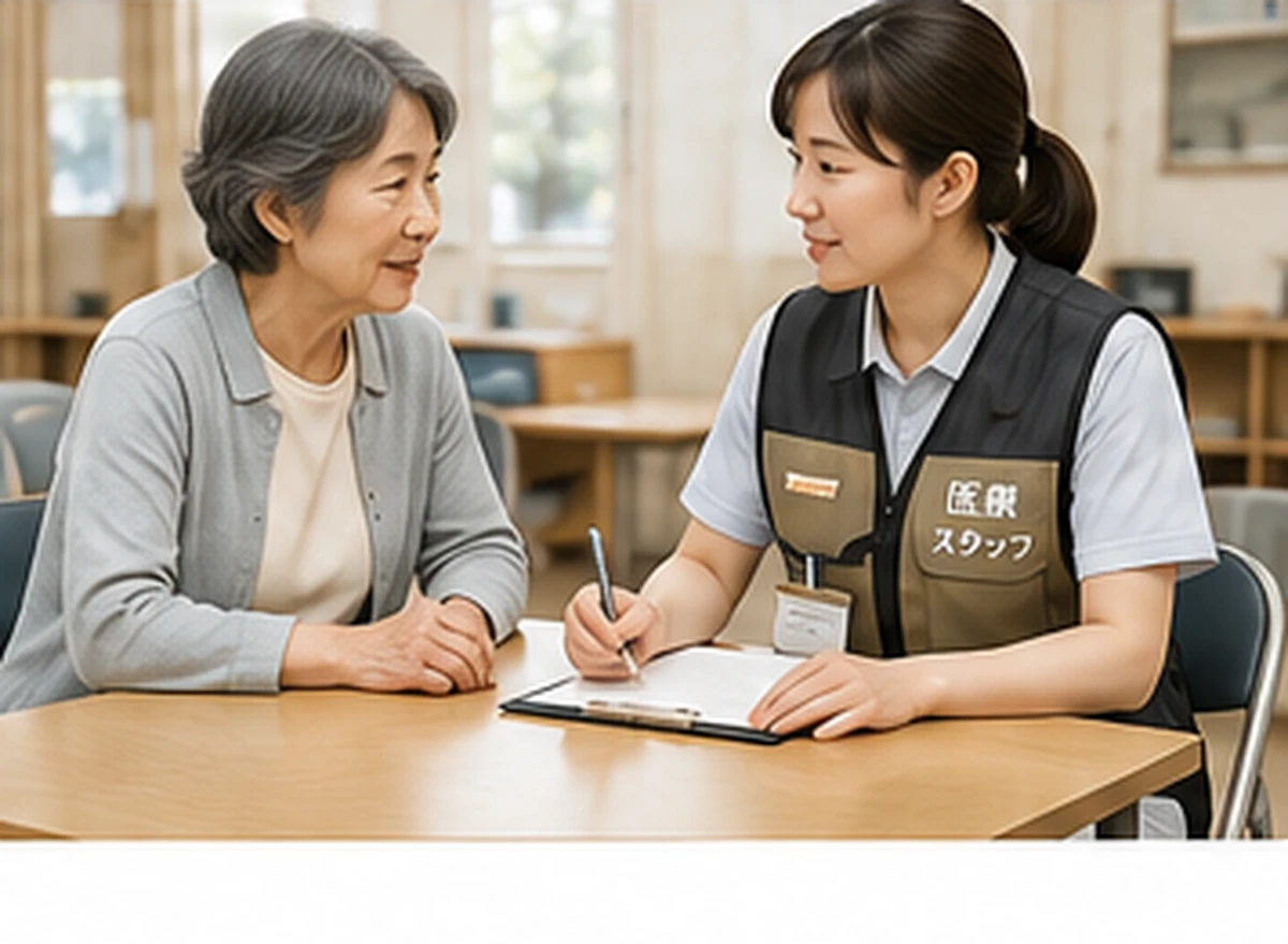 避難所で医療スタッフに状況を伝える様子