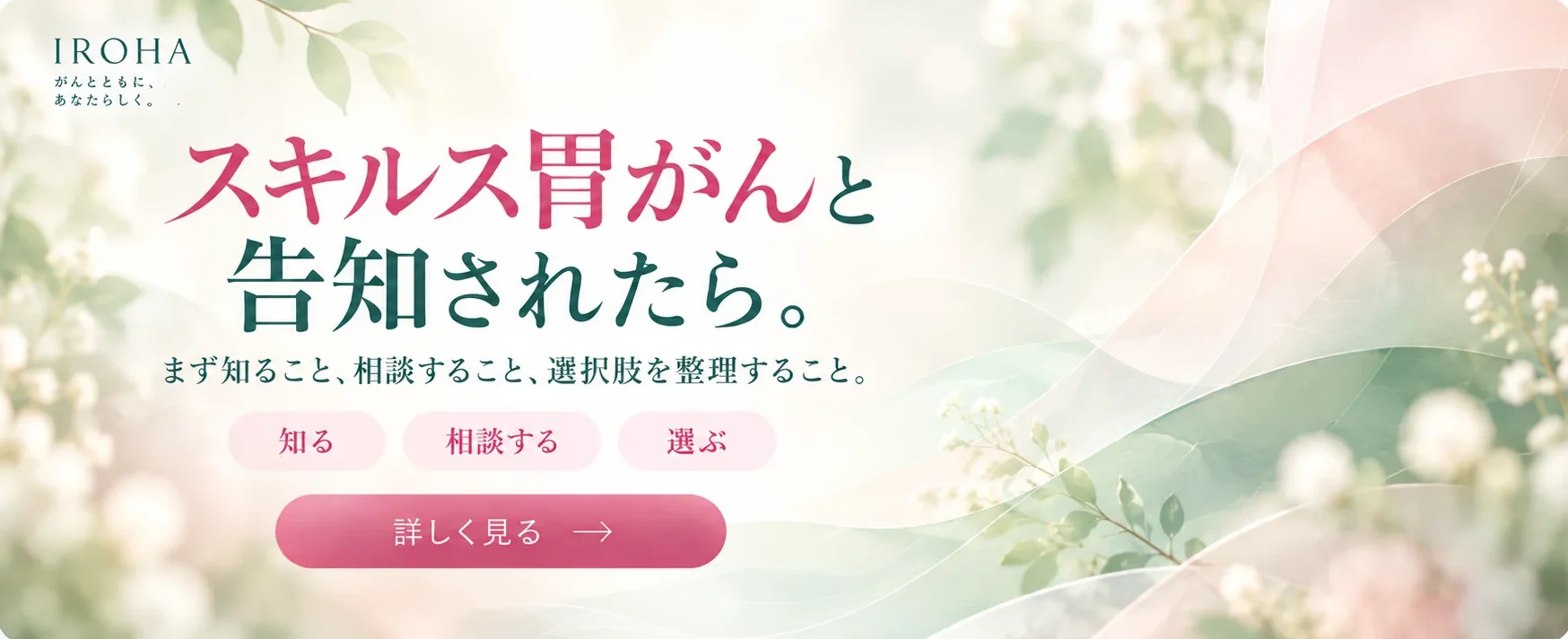スキルス胃がんと告知されたら。まず知ること、相談すること、選択肢を整理すること。知る・相談する・選ぶ 詳しく見る