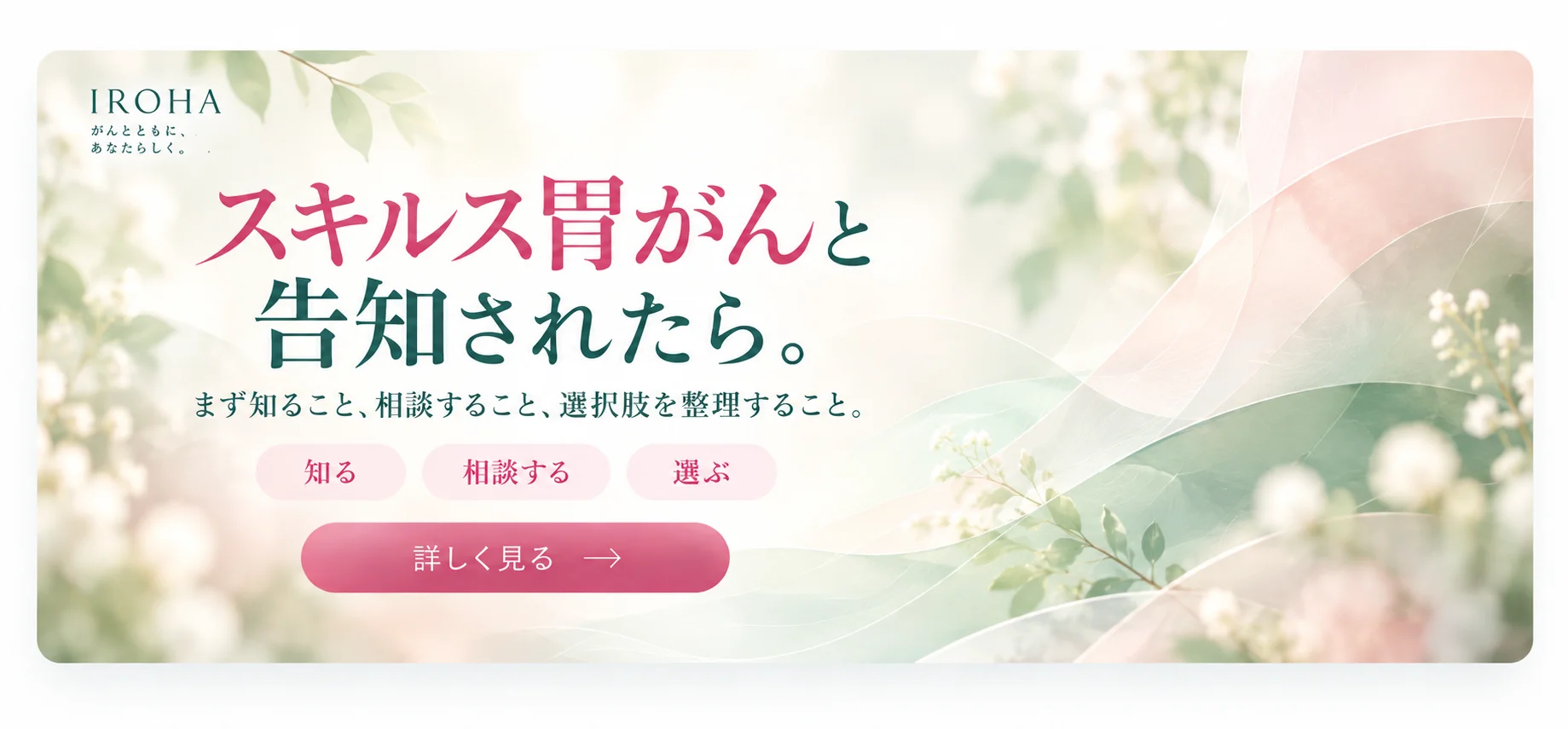 スキルス胃がんと告知されたら。まず知ること、相談すること、選択肢を整理すること。知る・相談する・選ぶ　詳しく見る
