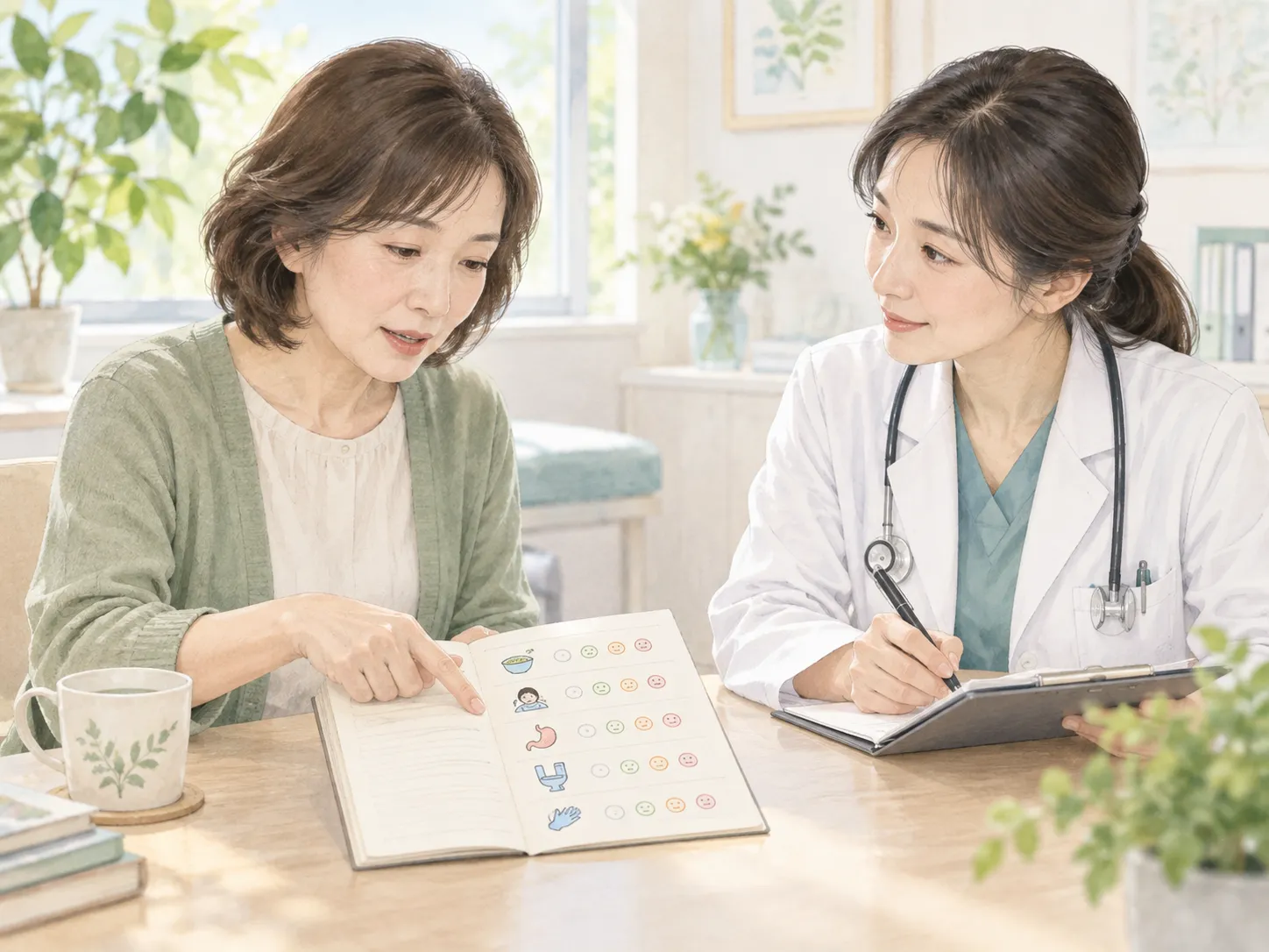 症状の記録を見ながら医師と整理する患者