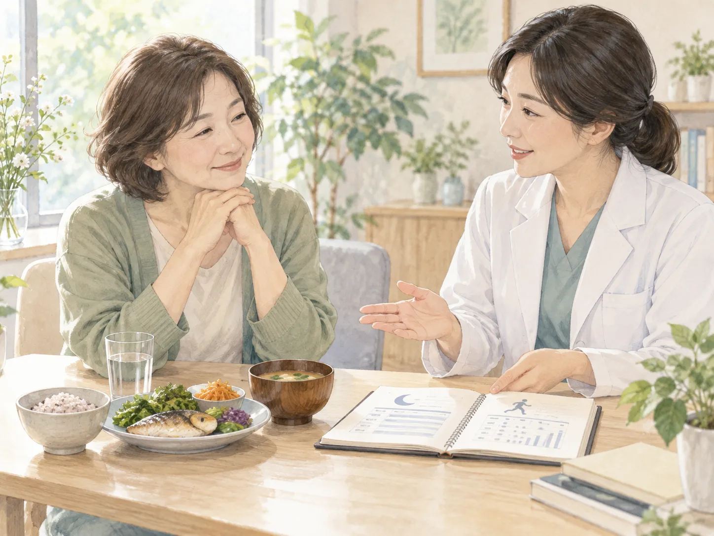 食事や睡眠、体力について医師と確認する患者