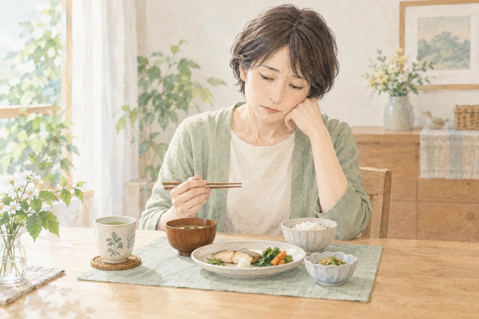 食欲がなく、十分に食べられないと感じている生活シーンのイラスト