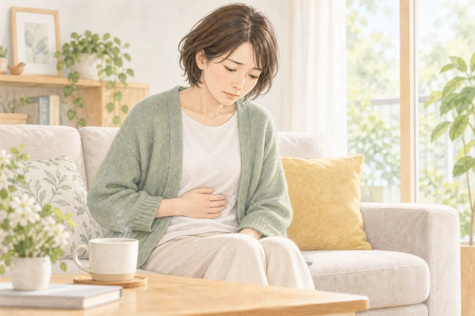 吐き気や胃の不快感が続いていると感じている生活シーンのイラスト