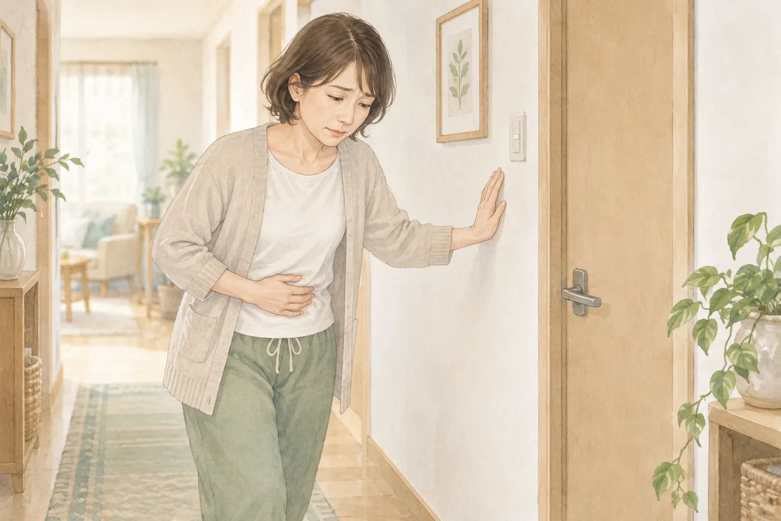 下痢や便秘で生活がつらいと感じている生活シーンのイラスト