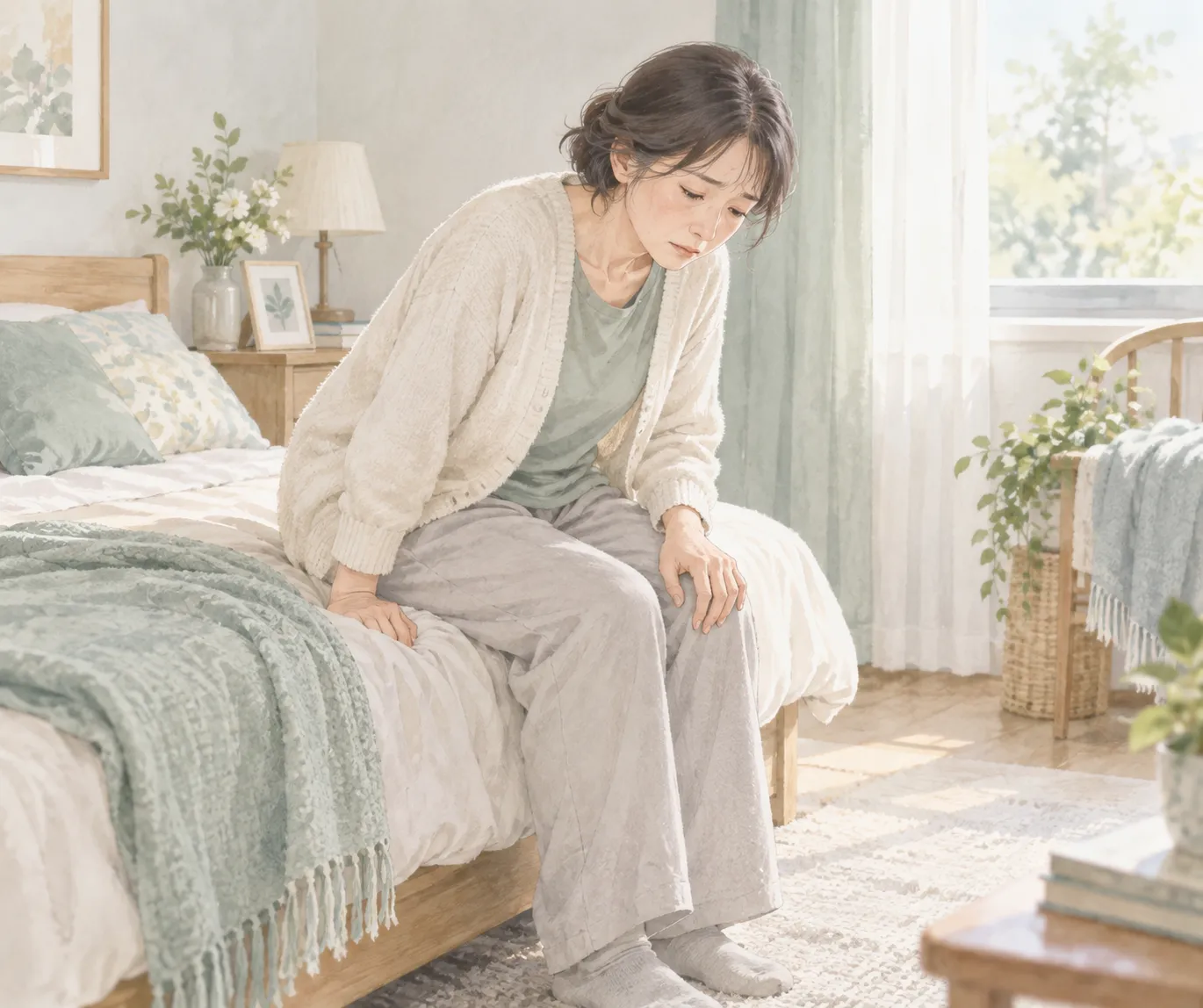 体がだるく、起き上がることも難しいと感じている生活シーンのイラスト