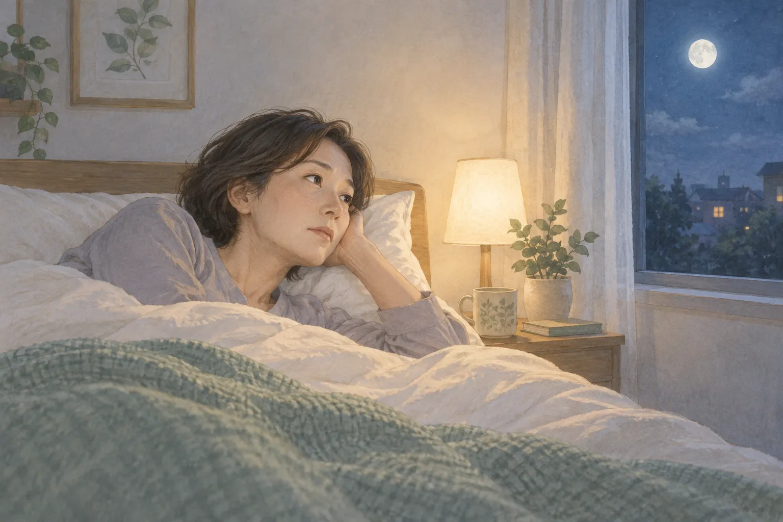 眠れない、気持ちが落ち込むと感じている生活シーンのイラスト