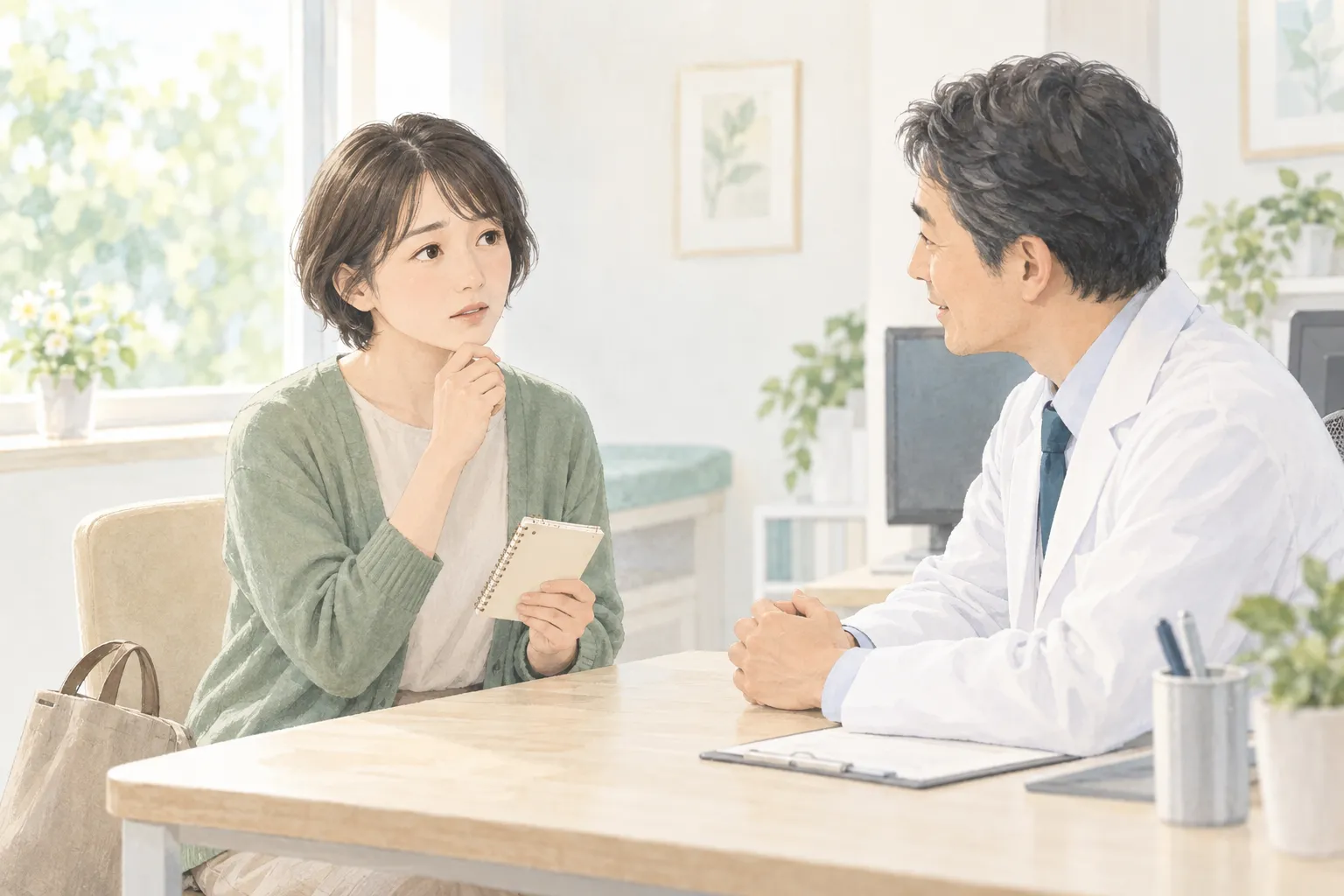 主治医に何を伝えればよいか分からないと感じている生活シーンのイラスト