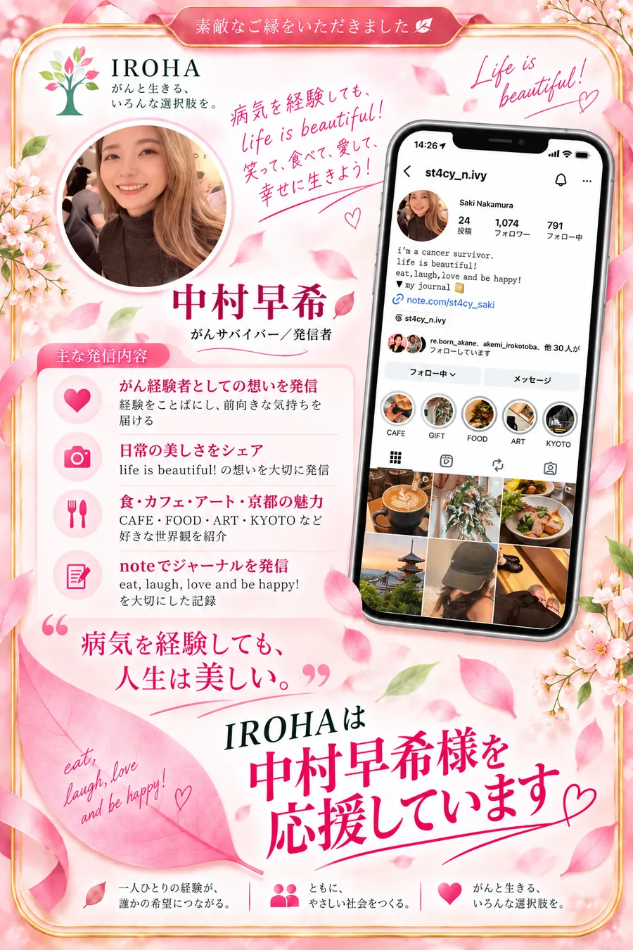 IROHAは中村早希様を応援しています　がんサバイバー／発信者　病気を経験しても、人生は美しい。