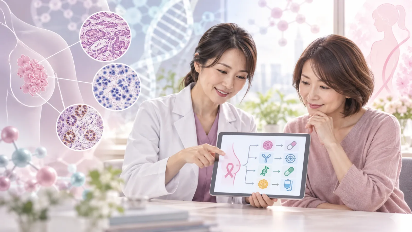 乳がんの検査結果と治療方針を一緒に確認する医師と患者のイメージ