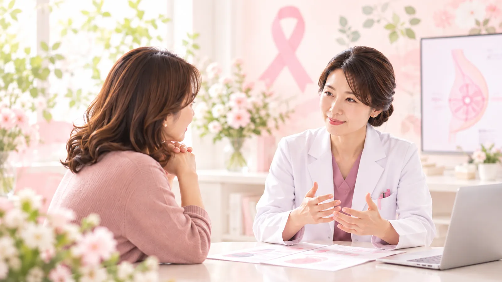 乳腺外来で、医師が患者に術前薬物療法の目的をやさしく説明しているイメージ