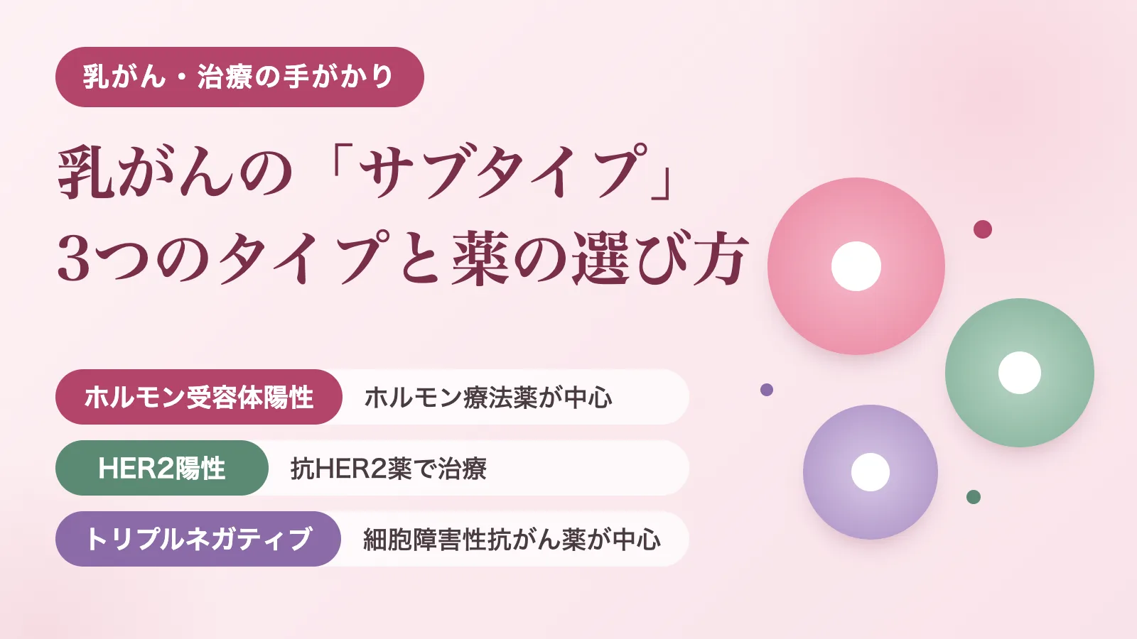 乳がんの3つのサブタイプ（ホルモン受容体陽性・HER2陽性・トリプルネガティブ）と主な薬物療法を整理したイメージ図