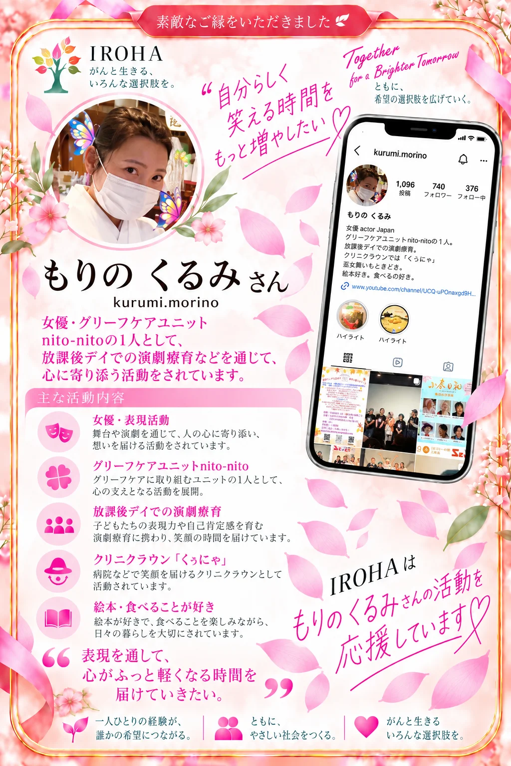 IROHAはもりの くるみさんの活動を応援していますというメッセージが入った応援カード