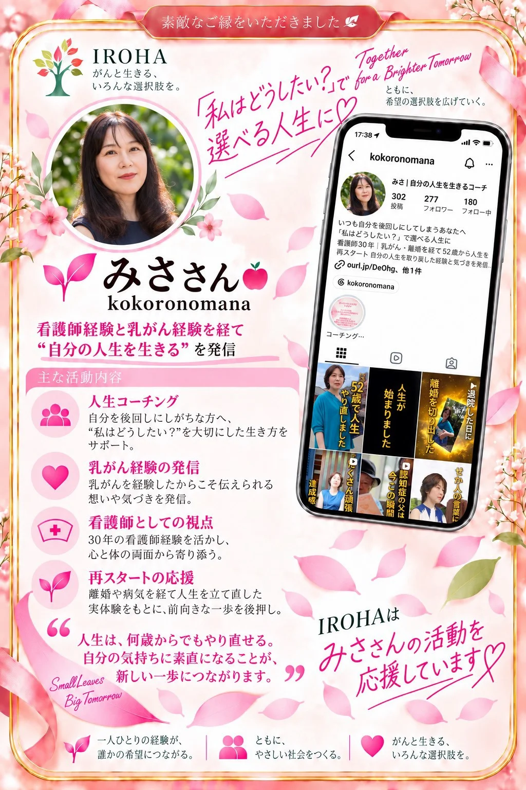 IROHAはみささんの活動を応援していますというメッセージが入ったPink Leaf応援カード